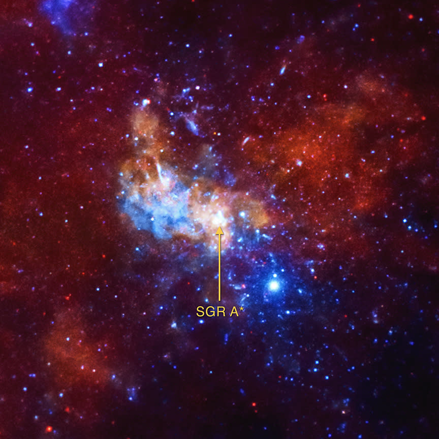 A very colorful, purple-heavy, view of space.  There are many cloudy, hazy shapes and a thick bright glow just to the left of center.  Arrow points to location of Sgr A*.