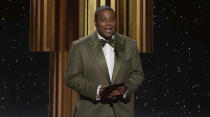 In this video grab issued Sunday, Feb. 28, 2021, by NBC, Keenan Thompson presents the award for best television drama series at the Golden Globe Awards. (NBC via AP)