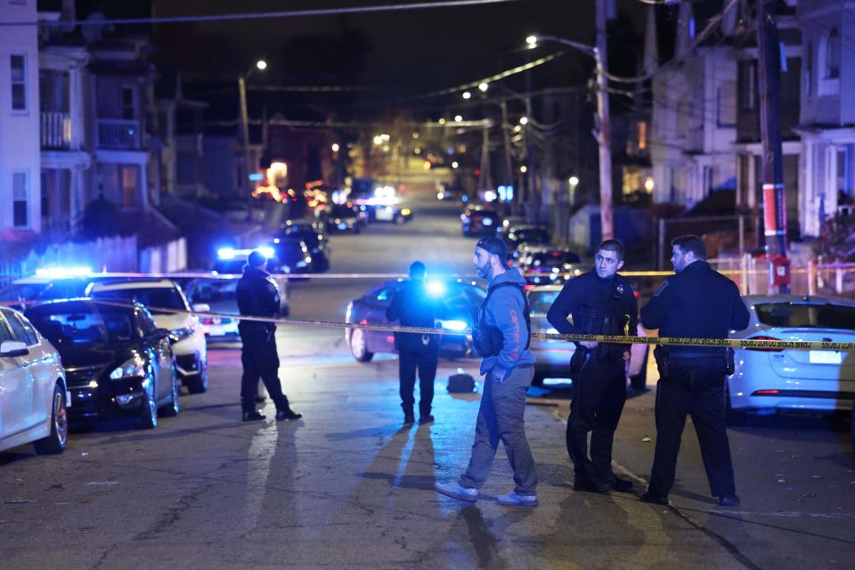 Brockton police investigate the fatal shooting of Marvin Hill at the intersections of Green St. and Lexington St. on Tuesday evening, Dec. 5, 2023.