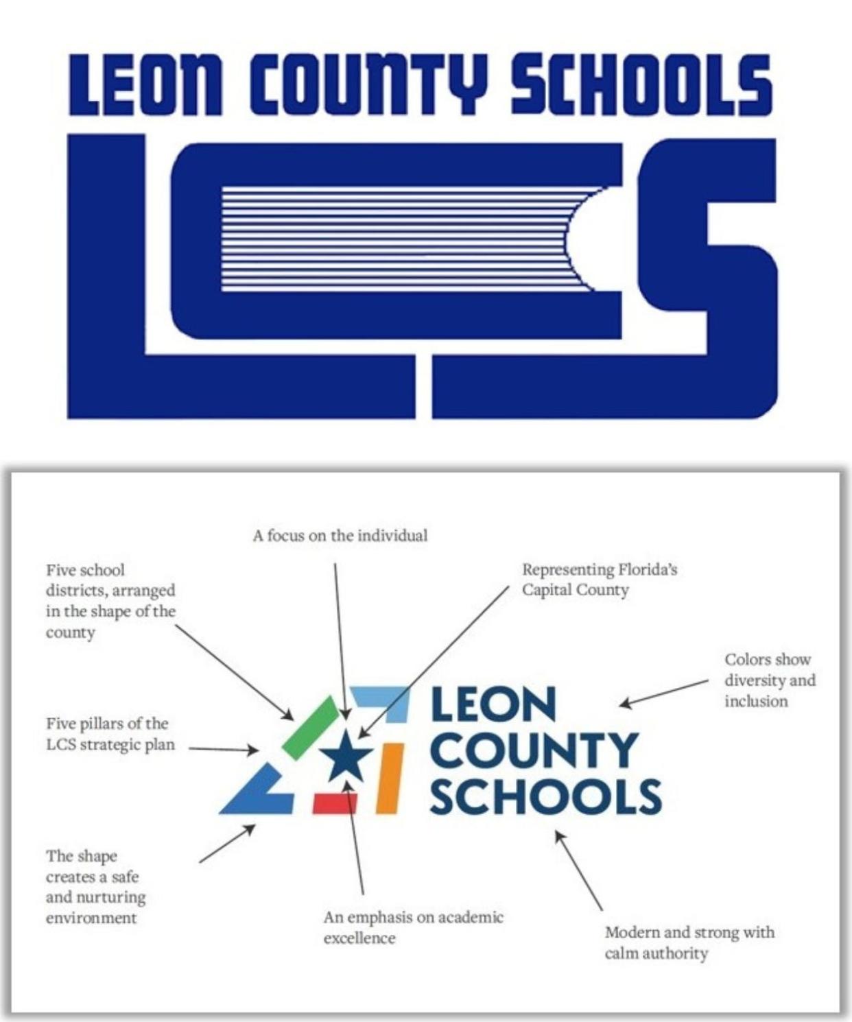 The old (at top) and proposed new logos for Leon County Schools.