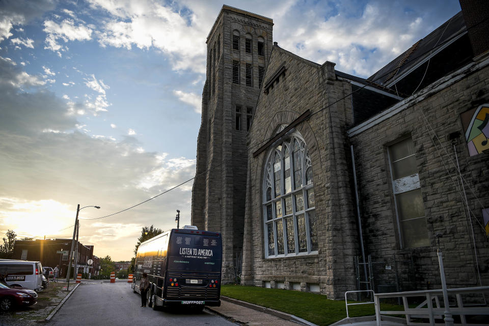 The HuffPost bus sits by Clayborn Temple.