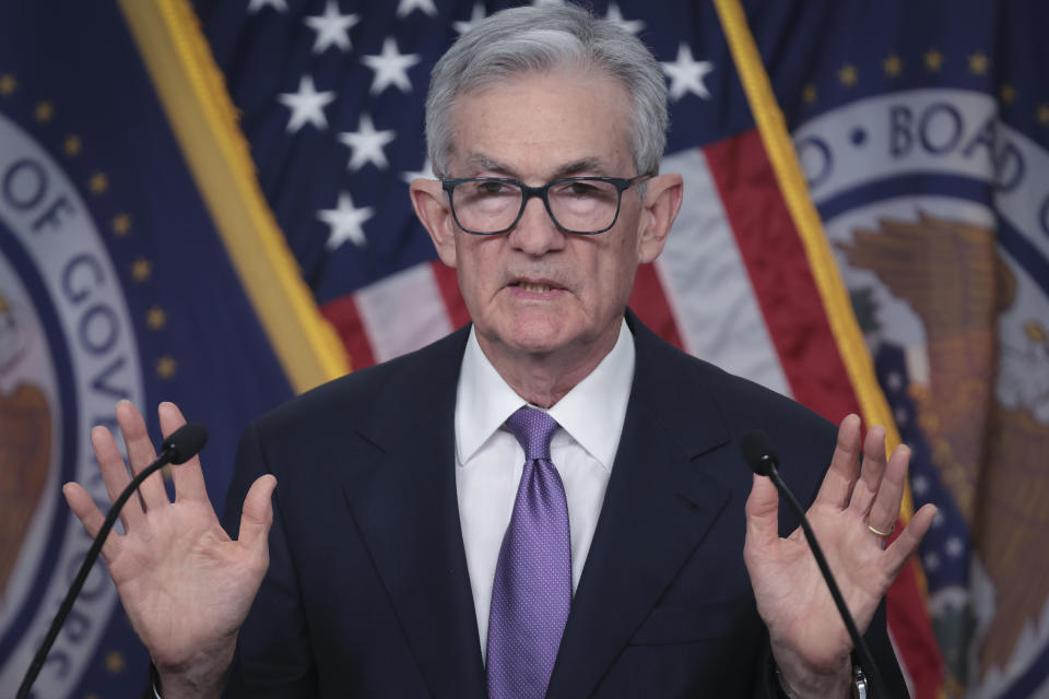 WASHINGTON, DC - DECEMBER 13: US Federal Reserve Chairman Jerome Powell speaks during a press conference at Federal Reserve Headquarters in Washington, DC, December 13, 2023.  The Federal Reserve announced today that it will keep interest rates on hold.  (Photo by Win McNamee/Getty Images)