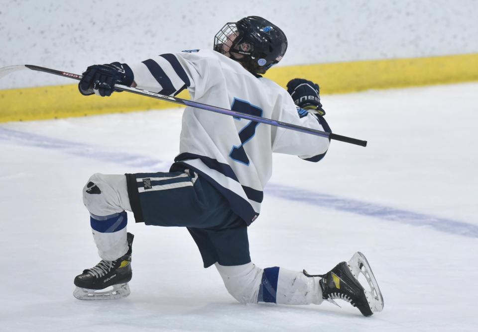 BOURNE  03/11/23 Sandwich's Colin McIver plays to the crowd after scoring his first goal of the game as Nantucket and Sandwich faced off in a tournament semi-final game in Bourne. Sandwich won the game 3-0 advancing to the state finals. Cape Cod Times/Steve Heaslip