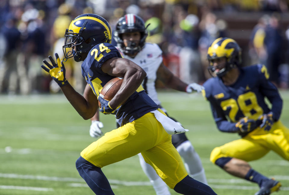 Michigan defensive back Lavert Hill (24) had seven tackles in the loss to Penn State. (AP Photo/Tony Ding)