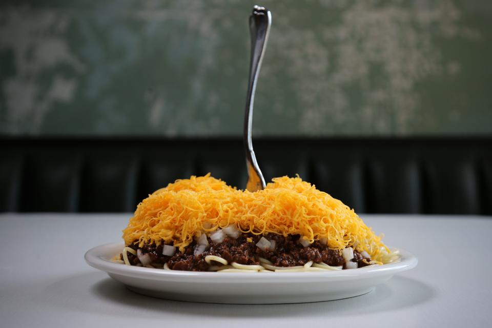 A Cincinnati chili 5-way with onions and beans at the late, great OTR Chili.