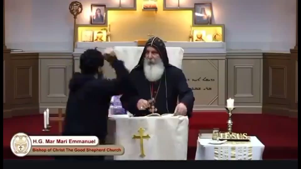 A livestream of the service appeared to show Bishop Mar Mari Emmanuel being attacked. - Australian Jewish Association via X
