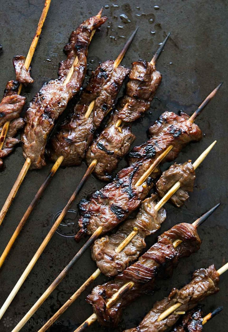 <strong>Get the <a href="http://www.simplyrecipes.com/recipes/grilled_skirt_steak_skewers/" target="_blank">Grilled Skirt Steak Skewers recipe</a> from Simply Recipes</strong>