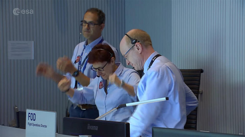 Elena Maiorano, center, ESA's Euclid engineering manager, cheers with relief as telemetry from the spacecraft flows into a control center in Germany moments after release from the Falcon 9's second stage. / Credit: ESA