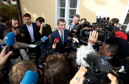 The leader of ANO party Andrej Babis speaks to the media after casting his vote in parliamentary elections in Prague, Czech Republic October 20, 2017. REUTERS/David W Cerny