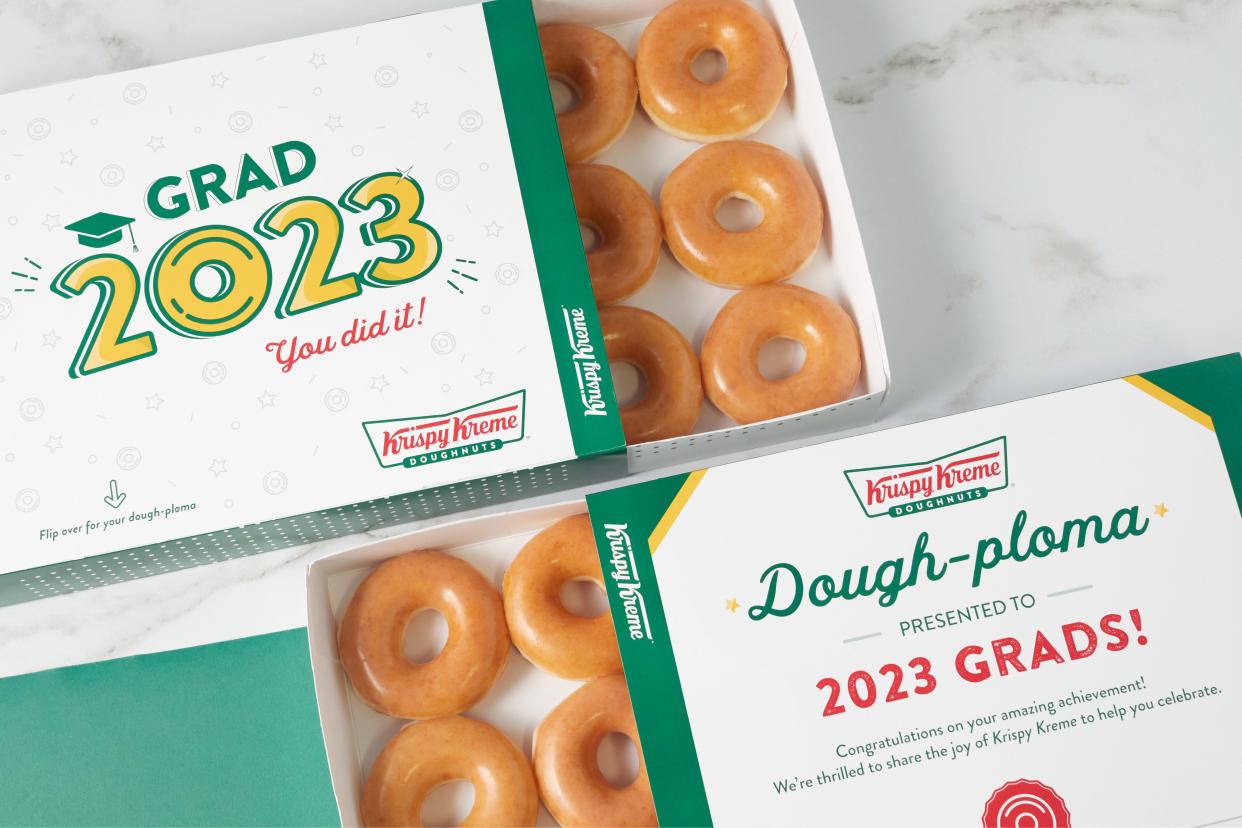 Krispy Kreme is giving high school and college graduates a free dozen original glazed donuts. To get their graduation gift, seniors just wear a graduation cap or gown, or Class of 2023 clothing or ring  into a participating Krispy Kreme location Wednesday, May 24, while supplies last.
