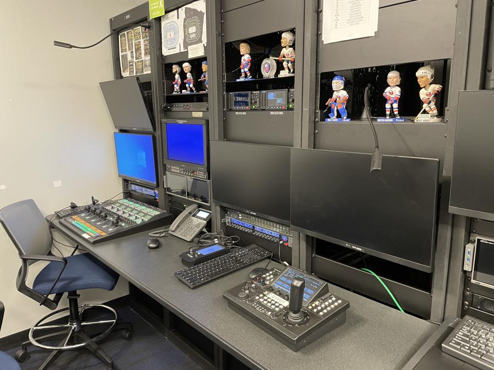 One corner of the control room at UBS Arena.