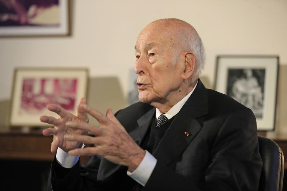 Former French President Valery Giscard d'Estaing gestures as he speaks during an interview of the Associated Press in Paris,, Thursday, Jan. 30, 2020. Giscard d'Estaing, 93, who spent much of his life working to forge a united Europe, told The Associated Press in an interview that he regrets Brexit but that Britain's departure isn't a fatal blow for the European Union. (AP Photo/Michel Euler)