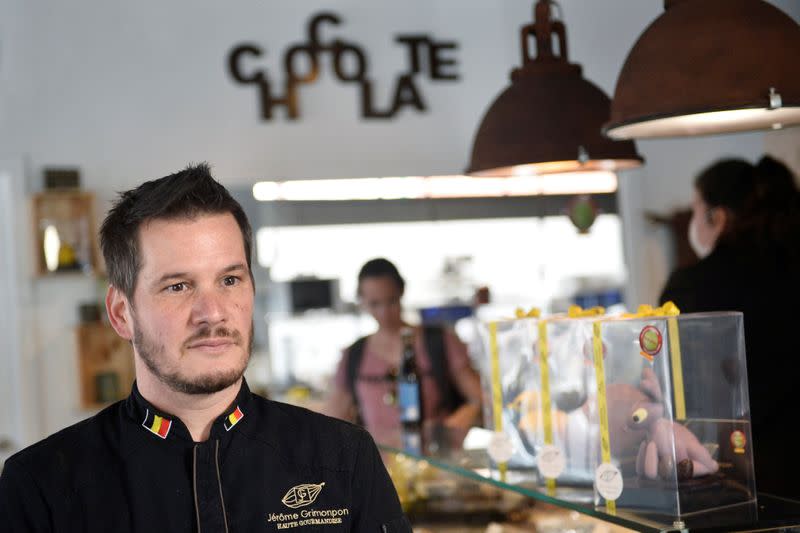 Jerome Grimonpon makes chocolate for Easter during the coronavirus lockdown imposed by the Belgian government