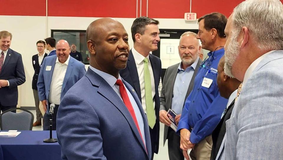 U.S. Sen. and presidential candidate Tim Scott speaks at a roundtable event in Duncan, S.C., on Friday, September 15, 2023.