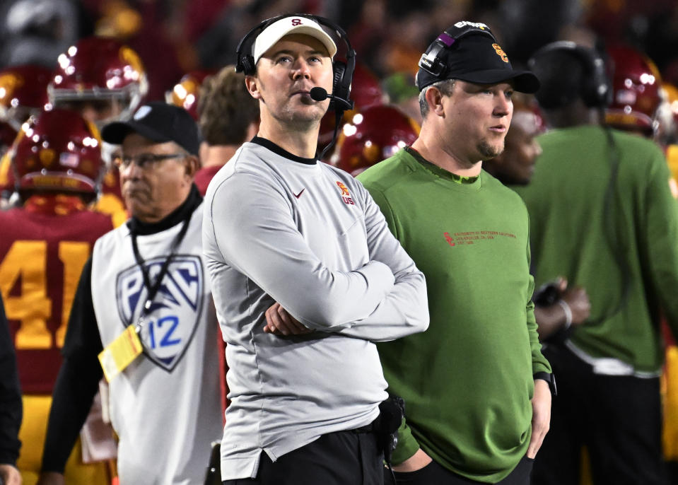 Southern California coach Lincoln Riley looks at the scoreboard during the second half of the team's NCAA college football game against Colorado on Friday, Nov. 11, 2022, in Los Angeles. (AP Photo/John McCoy)