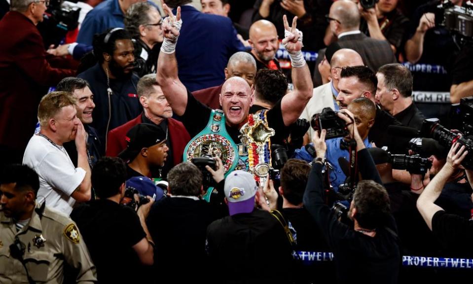 Tyson Fury celebrates after his victory