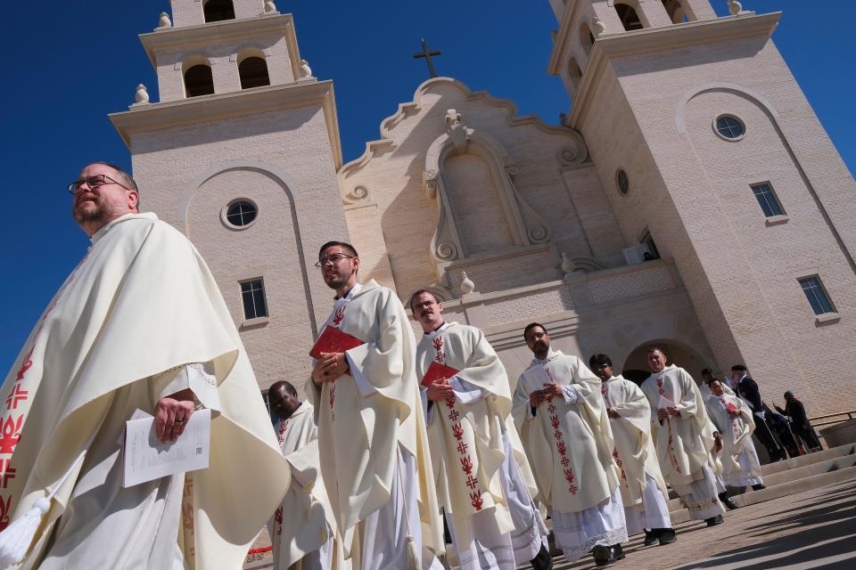 Priests in the Recessional at the Mass for the Dedication of a Church and Altar at the Blessed Stanley Rother Shrine Friday, February 17, 2023