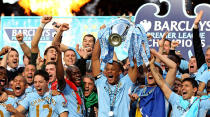 Manchester City celebrate their 2011-12 EPL success after a injury time Sergio Aguero winner gave them the title in their final match of the season. Image: Getty