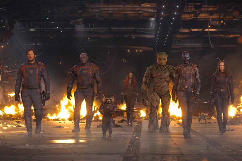 (L-R): Chris Pratt as Peter Quill/Star-Lord, Dave Bautista as Drax, Rocket (voiced by Bradley Cooper), Zoe Saldana as Gamora, Groot (voiced by Vin Diesel), Karen Gillan as Nebula, and Pom Klementieff as Mantis in Marvel Studios' Guardians of the Galaxy Vol. 3. Photo courtesy of Marvel Studios. © 2023 MARVEL.