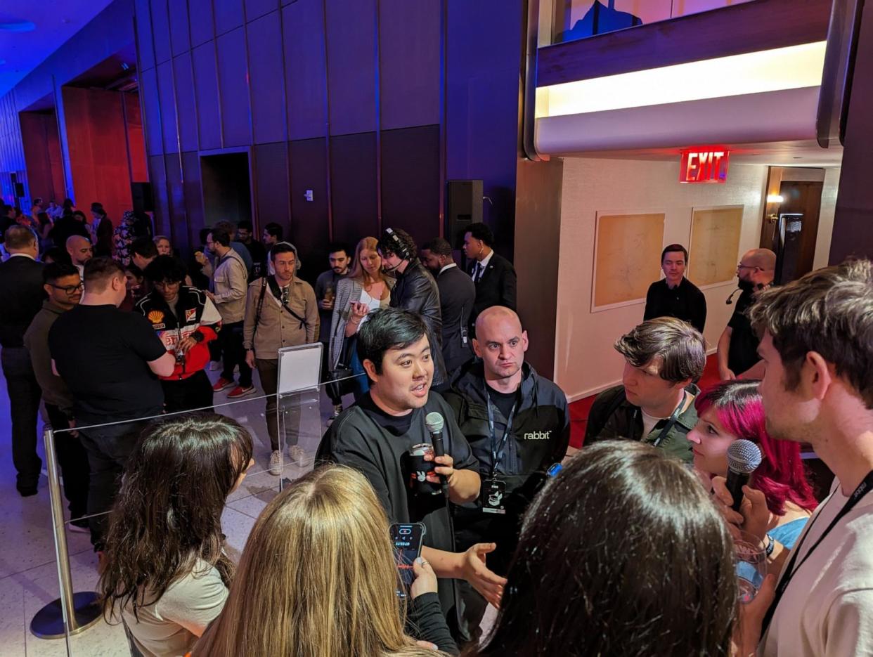 PHOTO: Rabbit CEO Jesse Lyu answers questions from reporters at the TWA Hotel, April 23, 2024, in New York. (Michael Dobuski/ABC News)