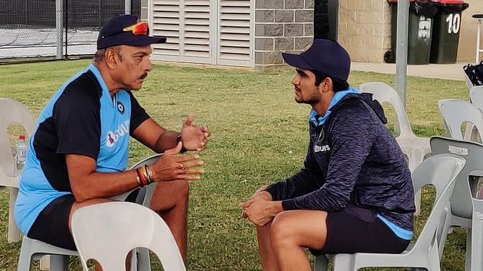 Shubman Gill and Ravi Shastri share a conversation during training in Australia.