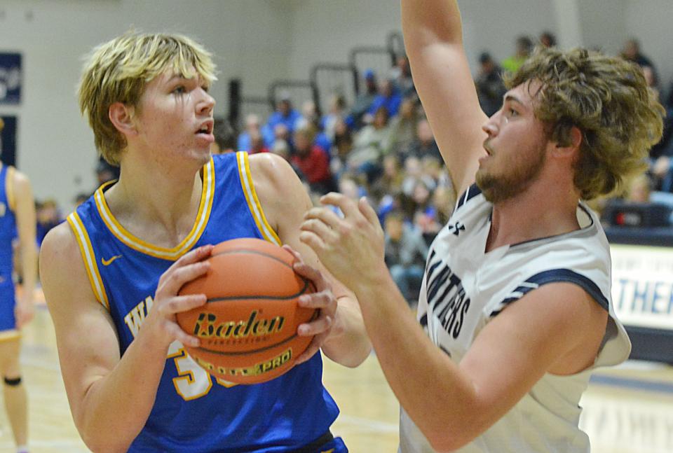 Castlewood's Bryon Laue attempts to make a move to the basket against Great Plains Lutheran's Myles York during their high school boys basketball game on Thursday, Jan. 11, 2024 in Watertown. Top-rated Castlewood won 68-38.