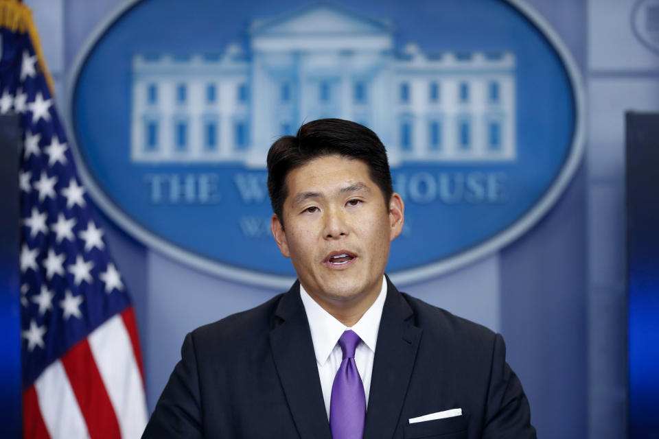 FILE - Then-Principal Associate Deputy Attorney General Robert Hur speaks during a press briefing at the White House in Washington, July 27, 2017. Hur, the former Trump-appointed U.S. attorney in Maryland, will lead the investigation, taking over from the top Justice Department prosecutor in Chicago, John Lausch, who was earlier assigned by the department to investigate the matter and who recommended to Garland last week that a special counsel be appointed. Hur is to begin his work soon. (AP Photo/Alex Brandon, File)