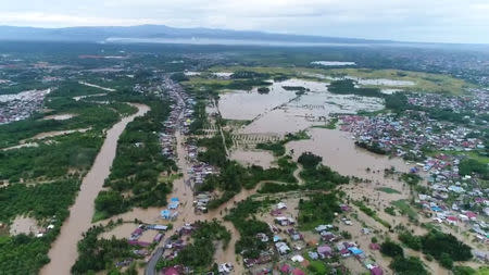 A flooded area is seen in Bengkulu, Indonesia, in this still image from video taken April 27, 2019, obtained from social media. EP CREATIVE PRODUCTIONS/via REUTERS