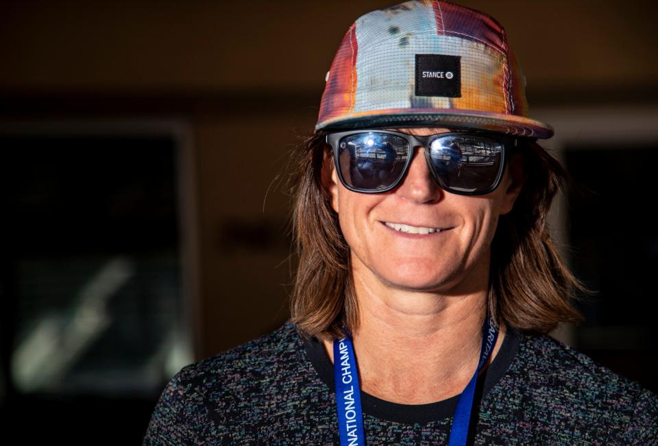 Professional pickleball player Irina Tereschenko smiles for a photo during the USA Pickleball National Championships in Indian Wells, Calif., Wednesday, Nov. 9, 2022. 