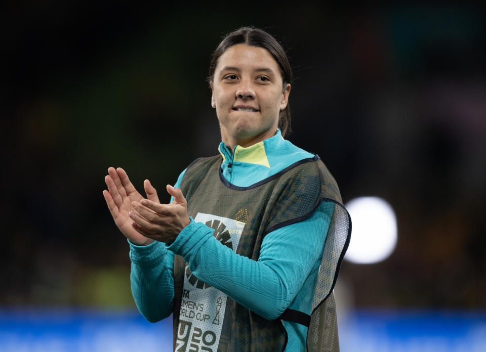 MELBOURNE, AUSTRALIA - JULY 31: Sam Kerr of Australia applauds fans after the FIFA Women's World Cup Australia & New Zealand 2023 Group B match between Canada and Australia at Melbourne Rectangular Stadium on July 31, 2023 in Melbourne, Australia. (Photo by Joe Prior/Visionhaus via Getty Images)