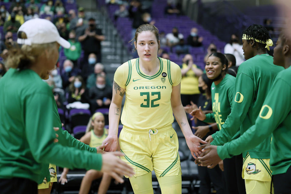 PORTLAND, OREGON - DECEMBER 04: Sedona Prince # 32 of the Oregon Ducks of the Oregon Ducks is introduced as part of the starting lineup before the game against the Portland Pilots at Chiles Center on December 04, 2021 in Portland, Oregon. (Photo by Soobum Im/Getty Images)