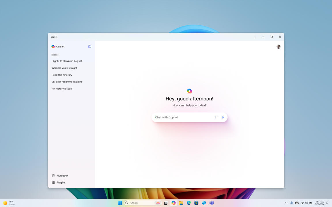 A screenshot of the Windows desktop featuring the Copilot app.
