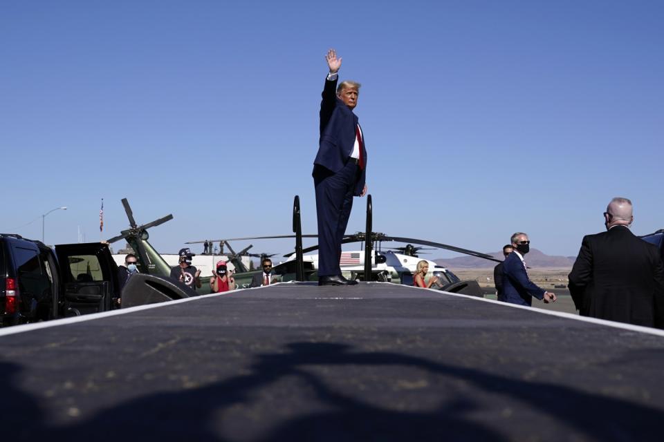 President Trump waves at Prescott Regional Airport in Prescott, Ariz.