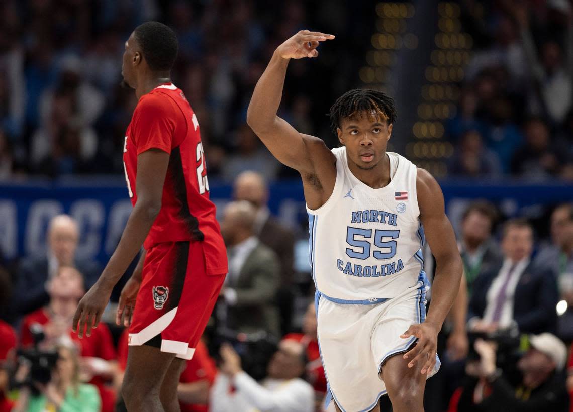 North Carolina’s Harrison Ingram (55) reacts after a three point basket in the first half against N.C. State during the ACC Men’s Basketball Tournament Championship at Capitol One Arena on Saturday, March 16, 2024 in Washington, D.C.