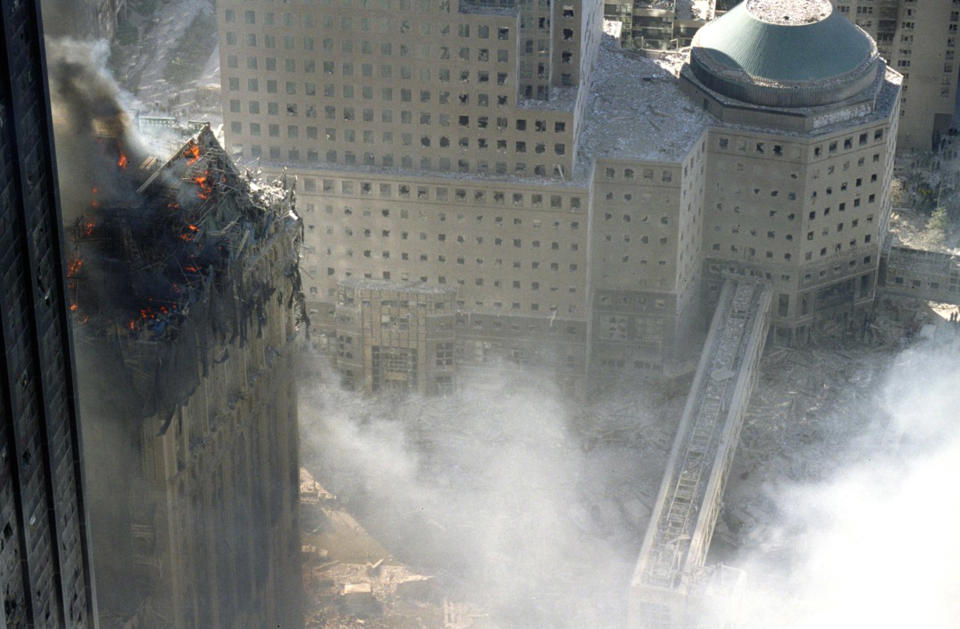 An aerial view shows the extent of the damage to the World Trade Centre. (Caters)