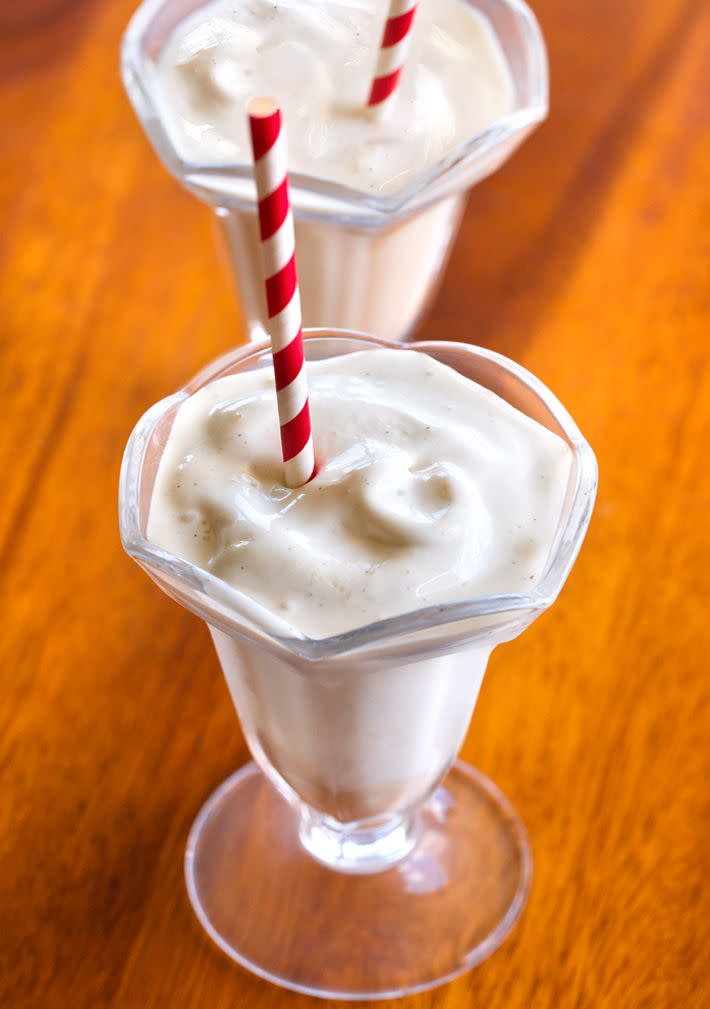 <p>If you're a sucker for a Wendy's frosty, you can enjoy *this* rendition from the comfort of your home. It contains vanilla extract, silken tofu, your milk of choice and more, all of which blend together for a sweet vanilla taste. Oh, and it won't throw you off track from your weight-loss goals.</p><p><em>Per serving: 84 cals, 4.3 g fat, 3.3 g carbs, 1.3 g sugar, .1 g fiber, 8 g protein</em></p><p><a class="link " href="https://chocolatecoveredkatie.com/nutrition-protein-frosty/" rel="nofollow noopener" target="_blank" data-ylk="slk:Get the recipe;elm:context_link;itc:0">Get the recipe</a></p>