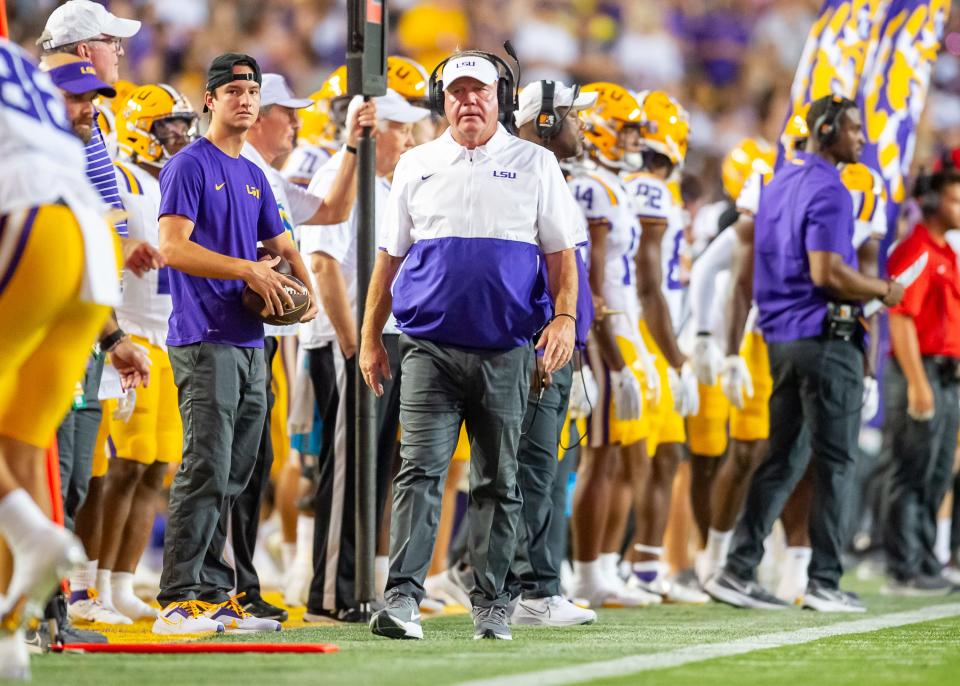Head Coach Brian Kelly on the sideline as the LSU Tigers take on <a class="link " href="https://sports.yahoo.com/ncaaw/teams/grambling-st/" data-i13n="sec:content-canvas;subsec:anchor_text;elm:context_link" data-ylk="slk:Grambling State;sec:content-canvas;subsec:anchor_text;elm:context_link;itc:0">Grambling State</a> at Tiger Stadium in Baton Rouge, Louisiana, Saturday, Sept. 9, 2023.