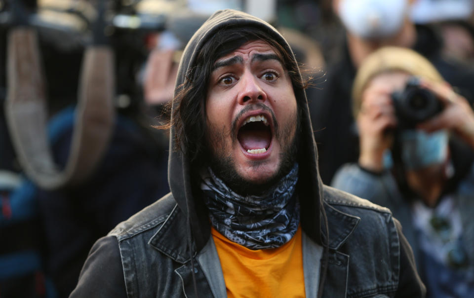 SYDNEY, AUSTRALIA - JUNE 06: A man vents his feelings at Town Hall on June 06, 2020 in Sydney, Australia. The event was organised to rally against aboriginal deaths in custody in Australia as well as in solidarity with protests across the United States following the killing of an unarmed black man George Floyd at the hands of a police officer in Minneapolis, Minnesota. (Photo by Don Arnold/Getty Images)