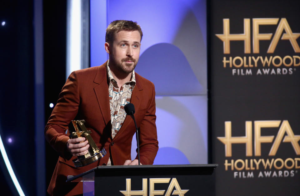 BEVERLY HILLS, CA - NOVEMBER 04:  Ryan Gosling speaks onstage during the 22nd Annual Hollywood Film Awards at The Beverly Hilton Hotel on November 4, 2018 in Beverly Hills, California.  (Photo by Tommaso Boddi/Getty Images)