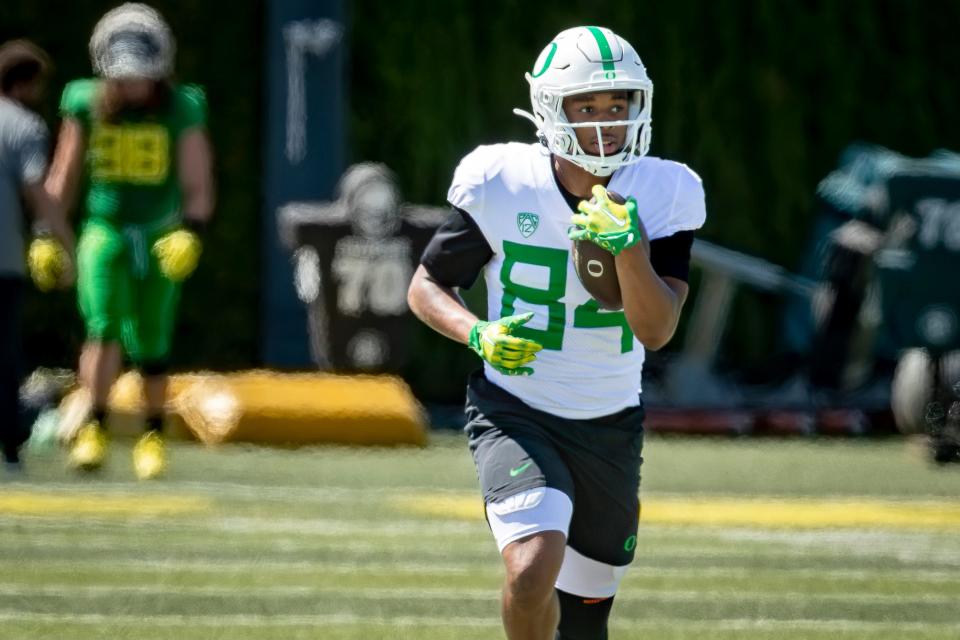 Oregon sprinter Micah Williams joins the Duck roster as number 84 to field kickoffs during practice with the team Tuesday, Aug. 8, 2023.