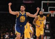 Jan 21, 2019; Los Angeles, CA, USA; Golden State Warriors guard Klay Thompson (11) celebrates after shooting a three point basket during the games against the Los Angeles Lakers during the third quarter at Staples Center. Mandatory Credit: Richard Mackson-USA TODAY Sports
