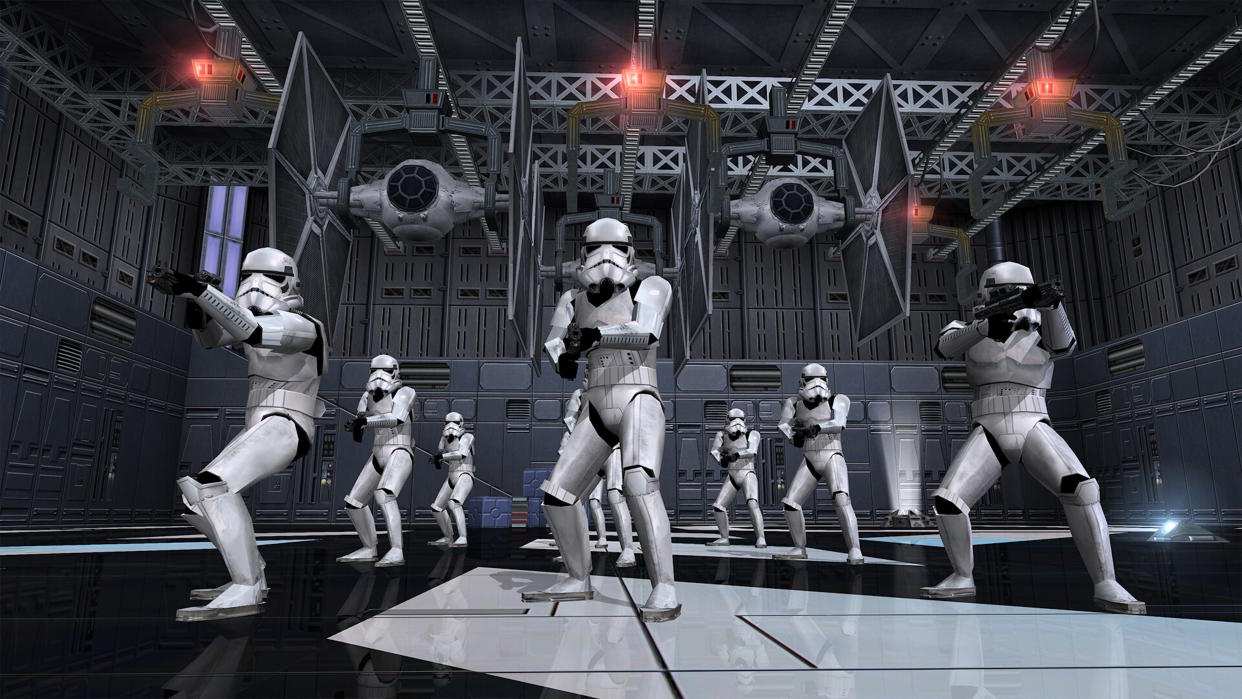  Star Wars: Battlefront Classic Collection screen - a group of stormtroopers standing in front of TIE Fighters. 