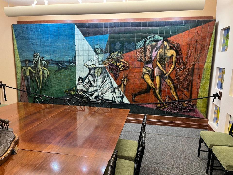 The entrance mural to the McGaha Mansion is 181 inches wide. Made of 646 hand-painted glass tiles, it depicts the story of Texas. It was saved from demolition of the mansion and now resides in the Kemp Center for the Arts.