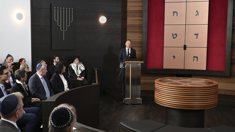 German Chancellor Olaf Scholz speaks during the inauguration of the newly built synagogue in Dessau, Germany, Sunday, Oct. 22, 2023. Scholz said Germany will do everything to protect and strengthen Jewish life in his remarks at the inauguration of the Weill Synagogue in Dessau. (Hendrik Schmidt/Pool Photo via AP)
