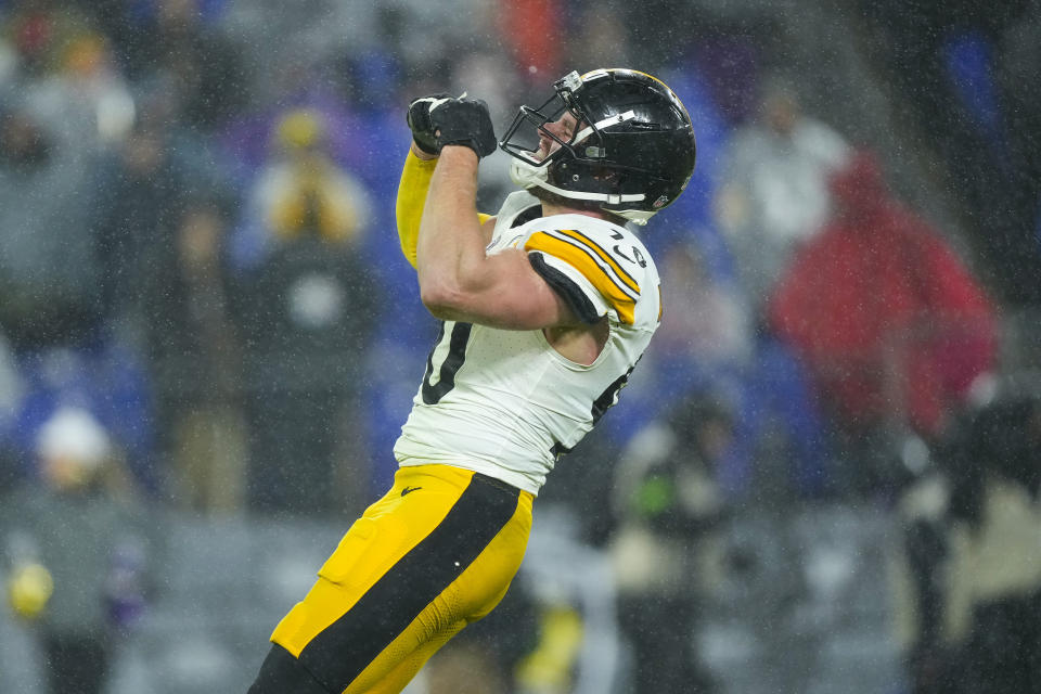 Pittsburgh Steelers linebacker T.J. Watt celebrates after sacking Baltimore Ravens quarterback Tyler Huntley during the second half of an NFL football game, Saturday, Jan. 6, 2024 in Baltimore. (AP Photo/Matt Rourke)