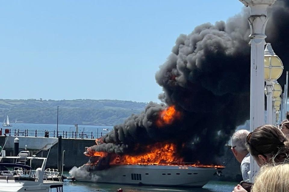 Dramatic photographs capturing the 85ft vessel going up in flames have been posted on social media (@Grace31307003)