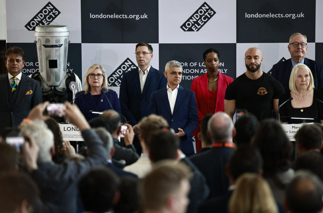 Re-elected Mayor of London Sadiq Khan (C) stands with other mayoral candidates during the declaration for London's Mayor, at City Hall in London on May 4, 2024.