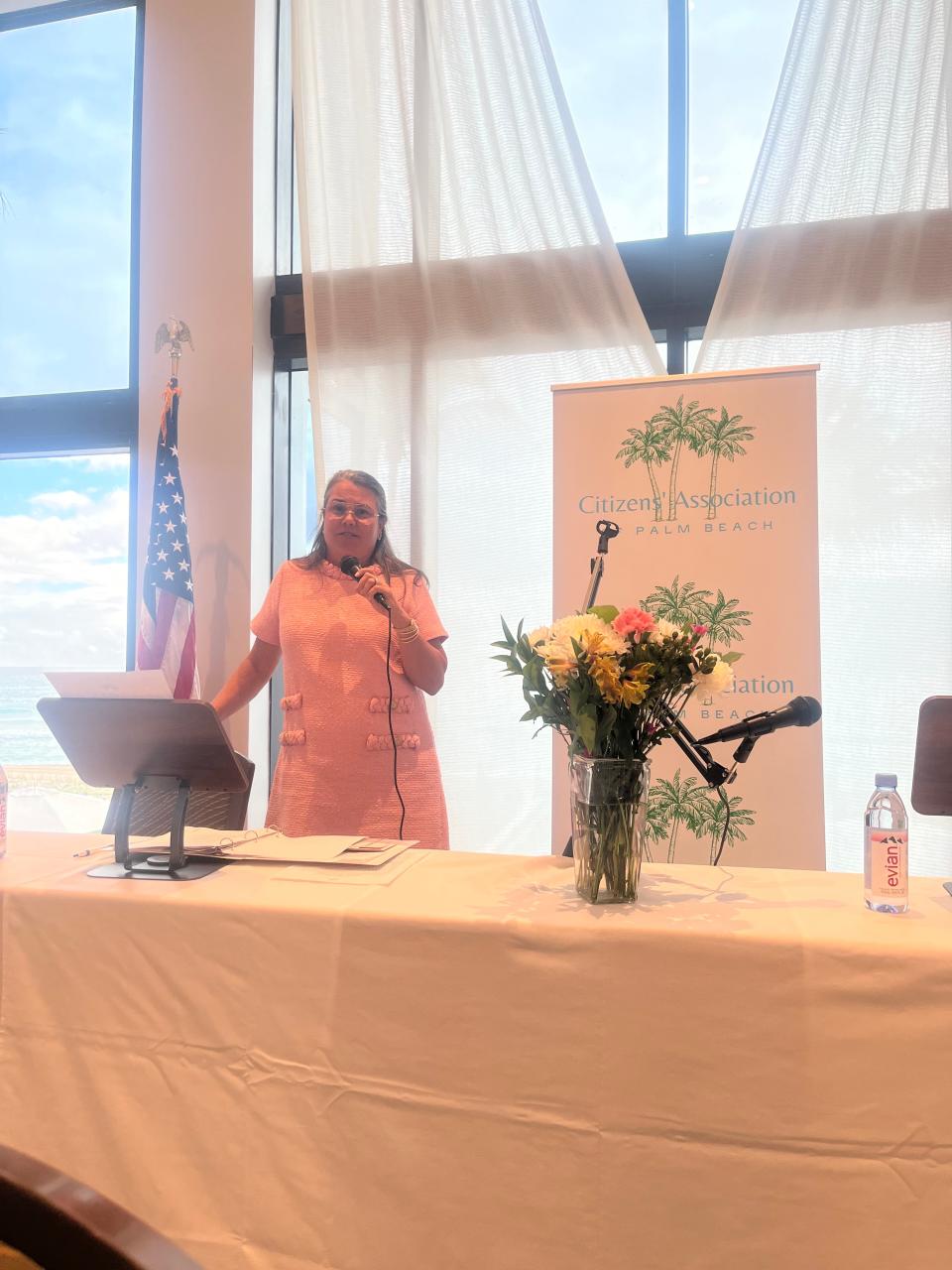 Palm Beach Town Council candidate Bridget Moran speaking at the Feb. 22 candidate forum organized by the Citizens' Association of Palm Beach.