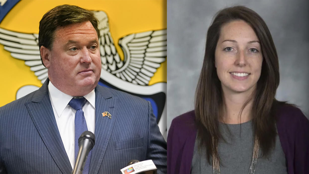 Todd Rokita and Dr. Caitlin Bernard. (Photo illustration: Yahoo News; photos: Darron Cummings/AP, iuhealth.org)