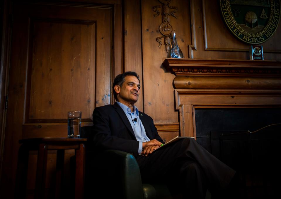 The University of Vermont's 27th president Suresh Garimella sits in the executive offices in the Waterman Building in Burlington, VT, July 1, 2019.